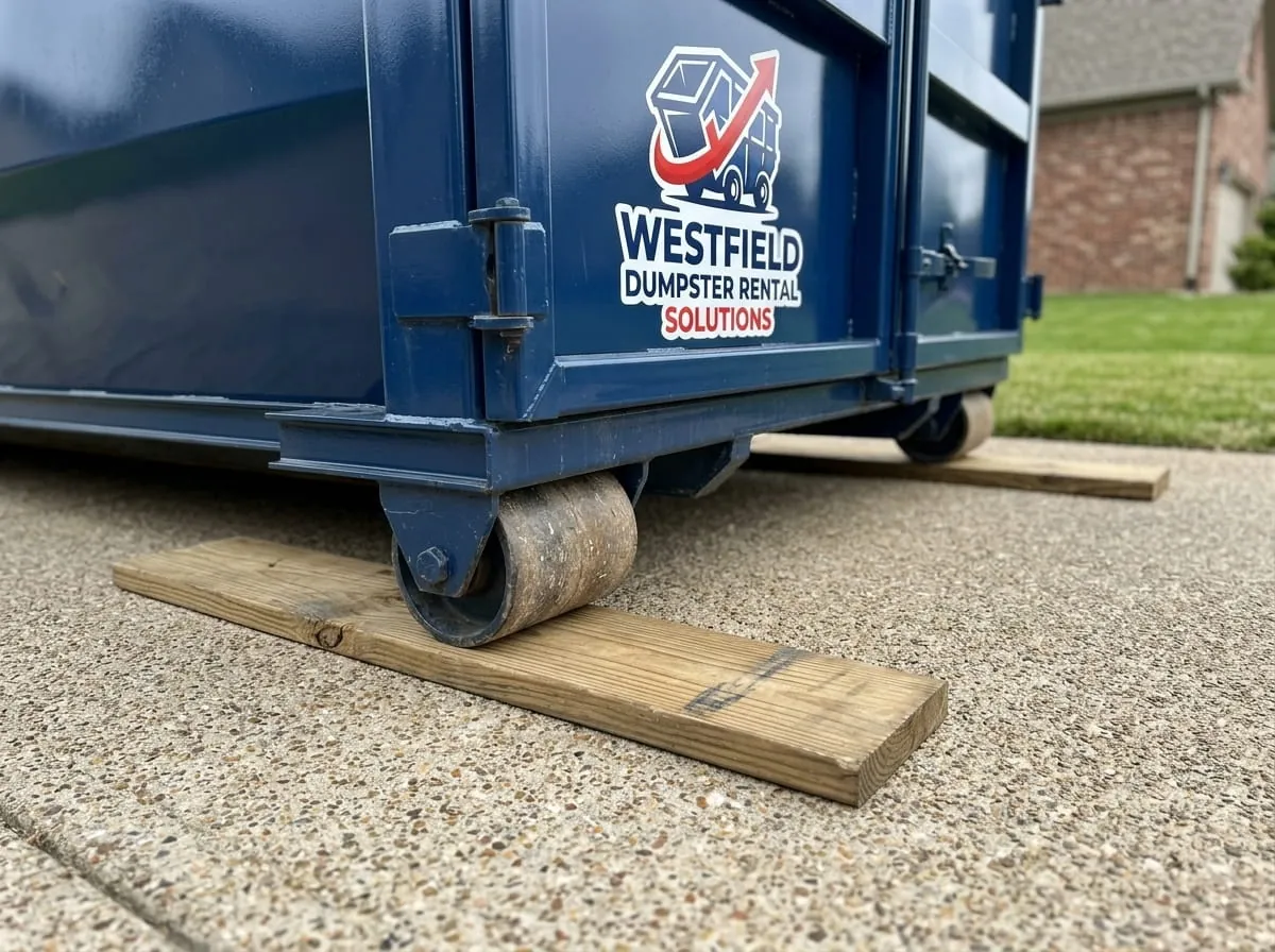Close-up of roll-off dumpster wheels resting on a timber protection board