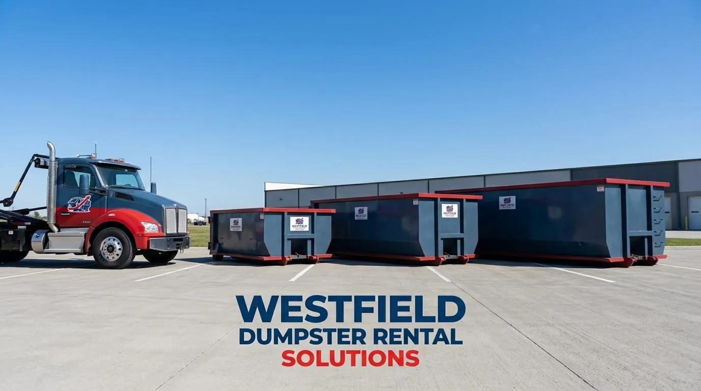 Westfield Dumpster Rental Solutions roll-off truck fleet parked at the Westfield yard Westfield Dumpster Rental Solutions roll-off truck fleet parked at the Westfield yard