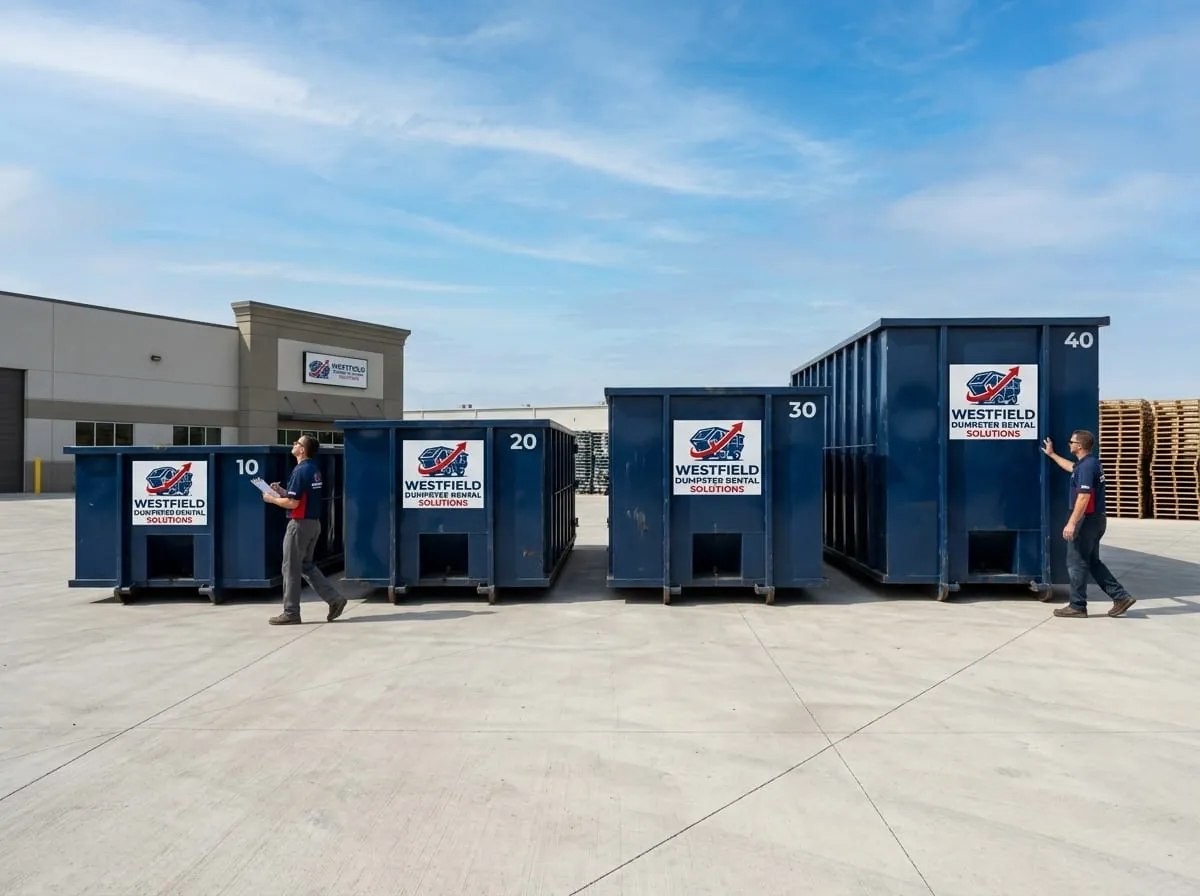 10, 15, 20 and 30 yard roll-off dumpsters lined up ready for rent in Westfield, MA 10, 15, 20 and 30 yard roll-off dumpsters lined up ready for rent in Westfield, MA