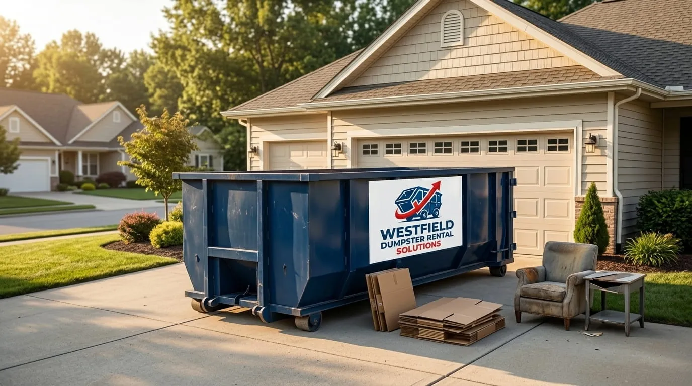 Roll-off container with furniture alongside during a cleanout in Westfield, Massachusetts