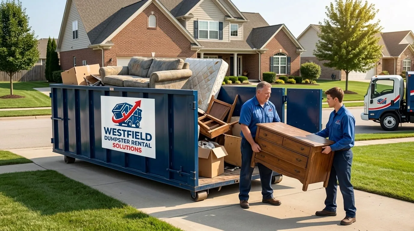 Westfield Dumpster Rental Solutions roll-off container and truck working a job in Hampden County Westfield Dumpster Rental Solutions roll-off container and truck working a job in Hampden County