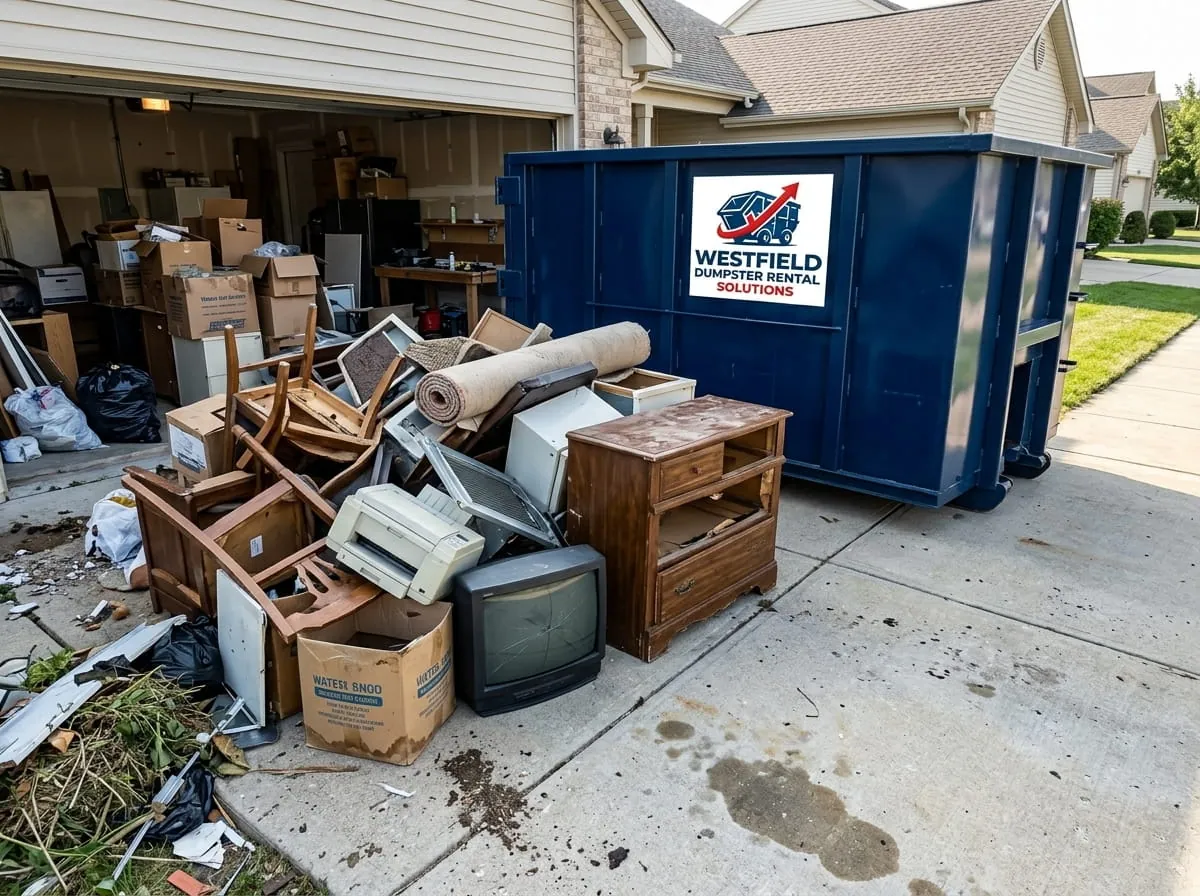 Roll-off container with household and yard debris on a driveway in Westfield, Massachusetts Roll-off container with household and yard debris on a driveway in Westfield, Massachusetts